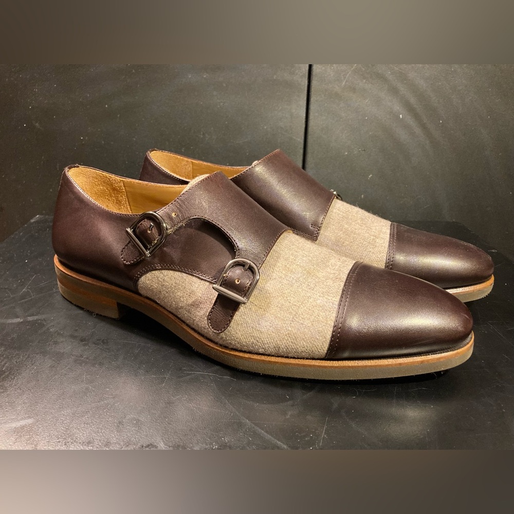 TAFT Calder Double Monk-Strap Cap Toe in Brown and Beige Cotton | Size 9US/42EU